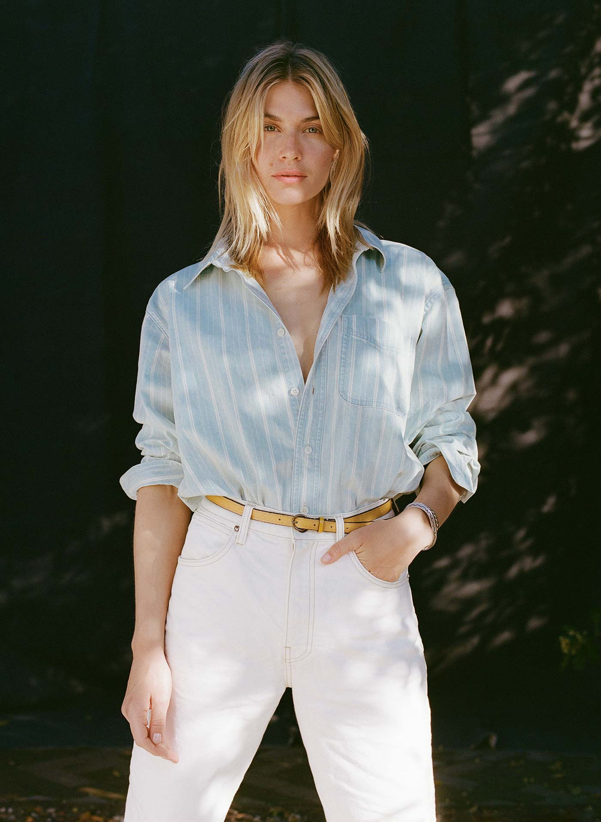 clyde striped denim button up