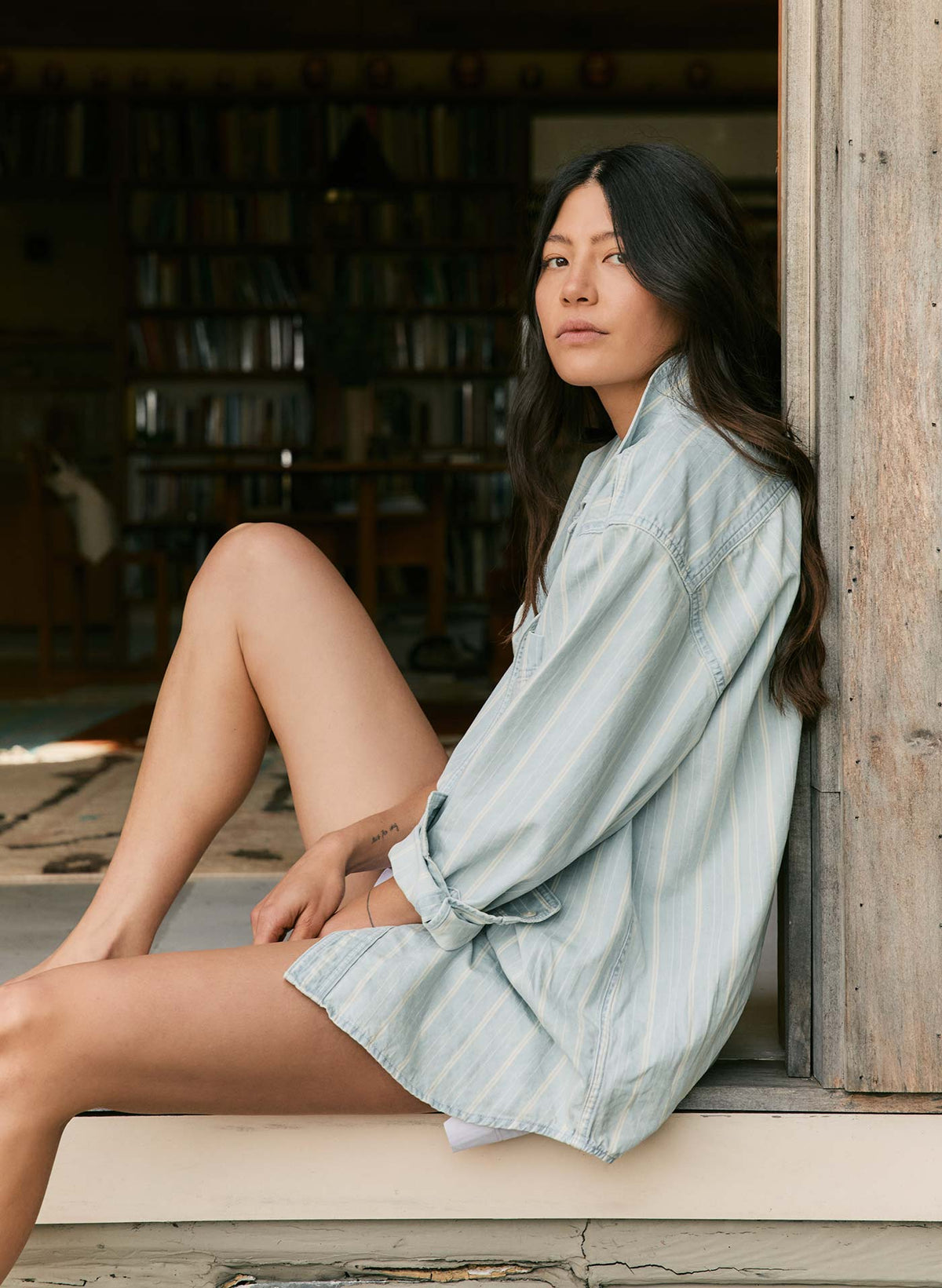 clyde striped denim button up