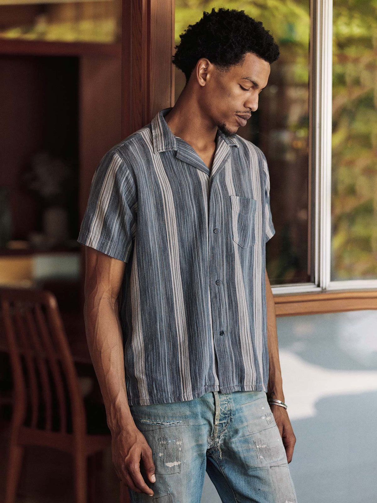 serra camp shirt in washed indigo stripe