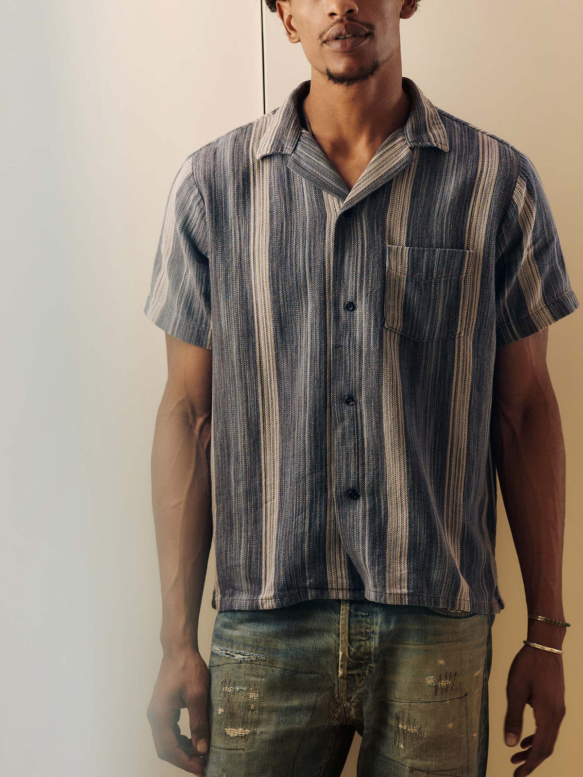 serra camp shirt in washed indigo stripe