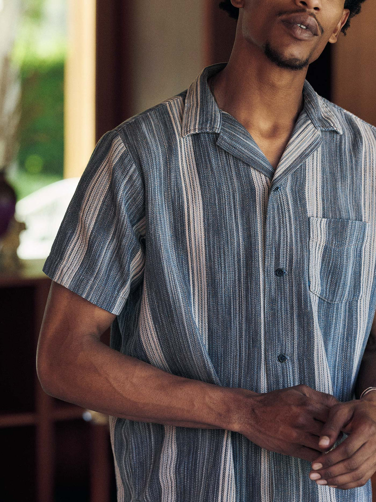 serra camp shirt in washed indigo stripe