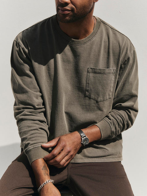 Light Gray long sleeve pocket tee in washed slate