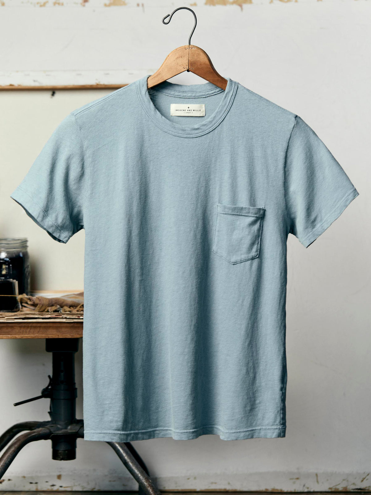 sky blue knit pocket tee