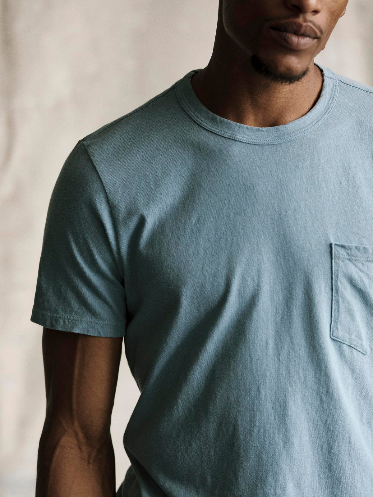 sky blue knit pocket tee