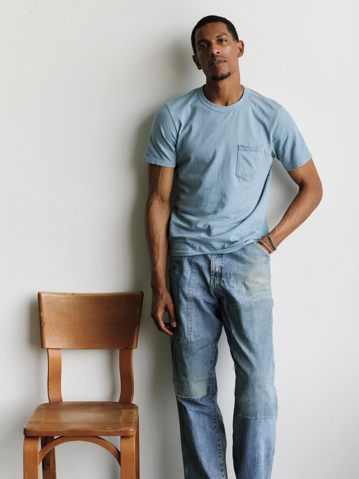 sky blue knit pocket tee