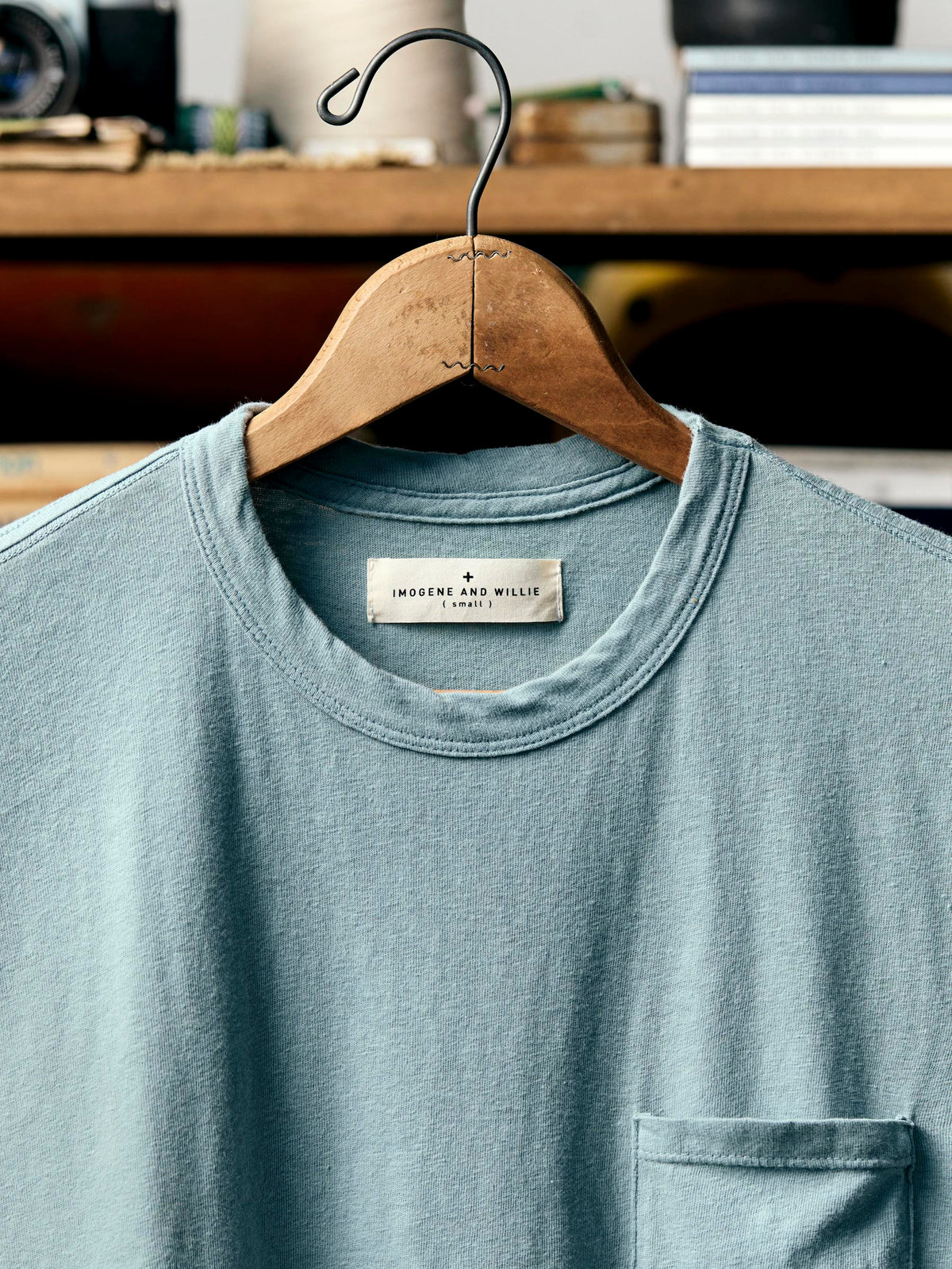 sky blue knit pocket tee