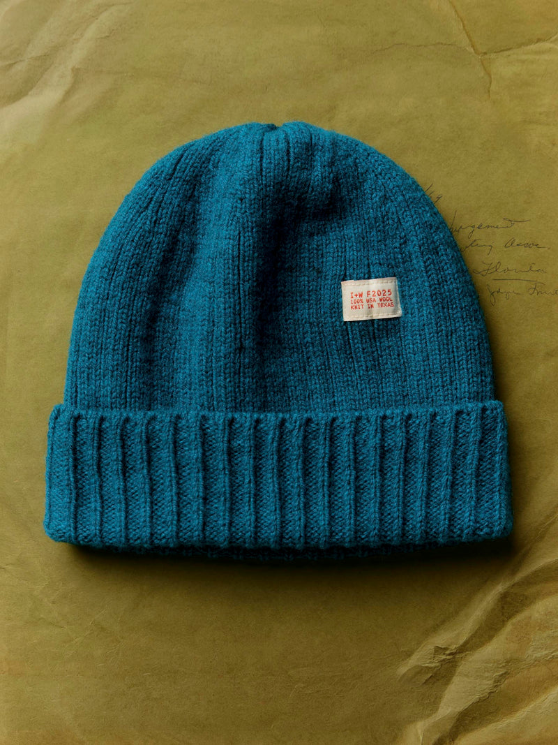knit wool watch cap in parrish blue