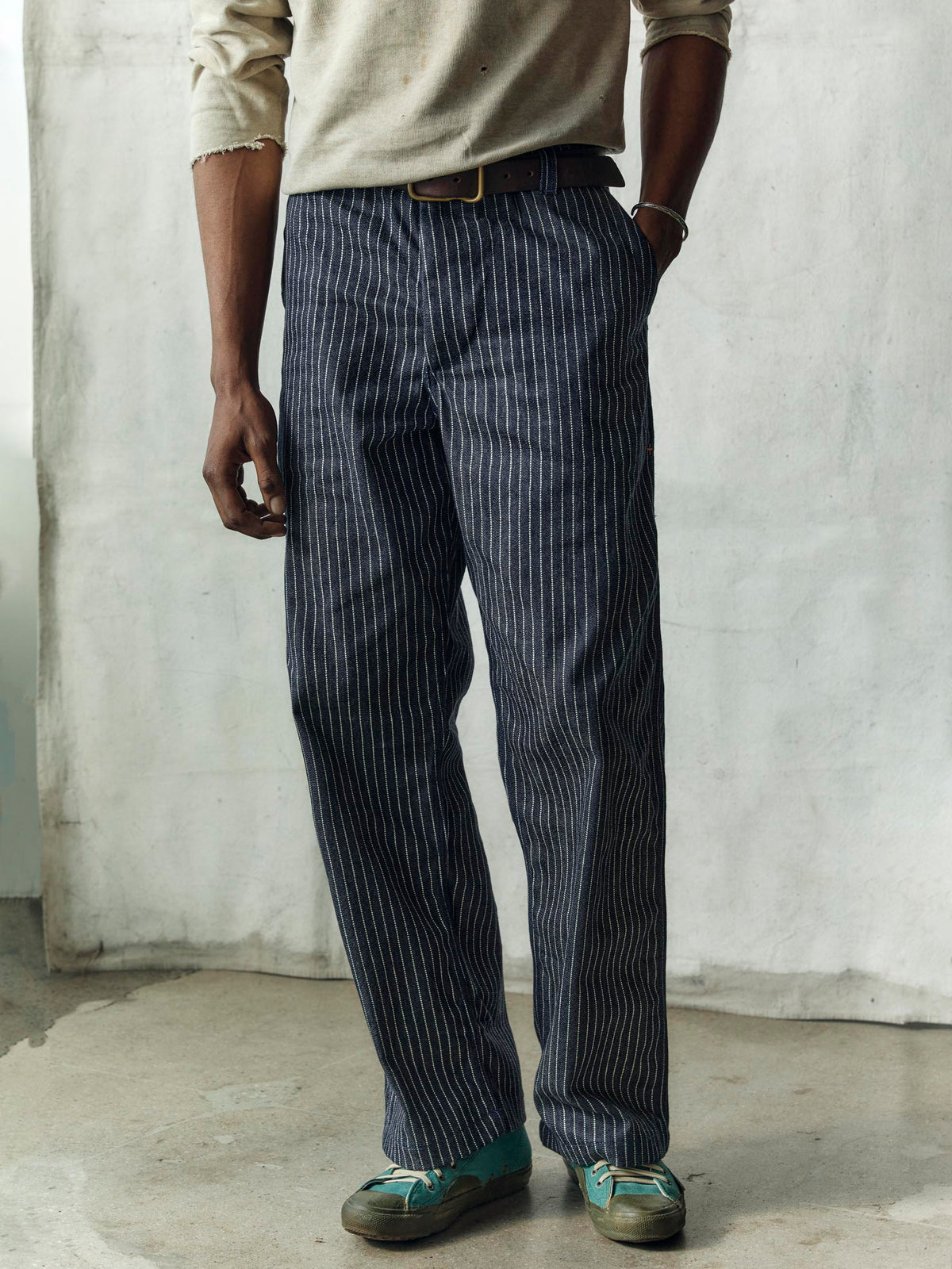 carpenter pant in striped rigid indigo
