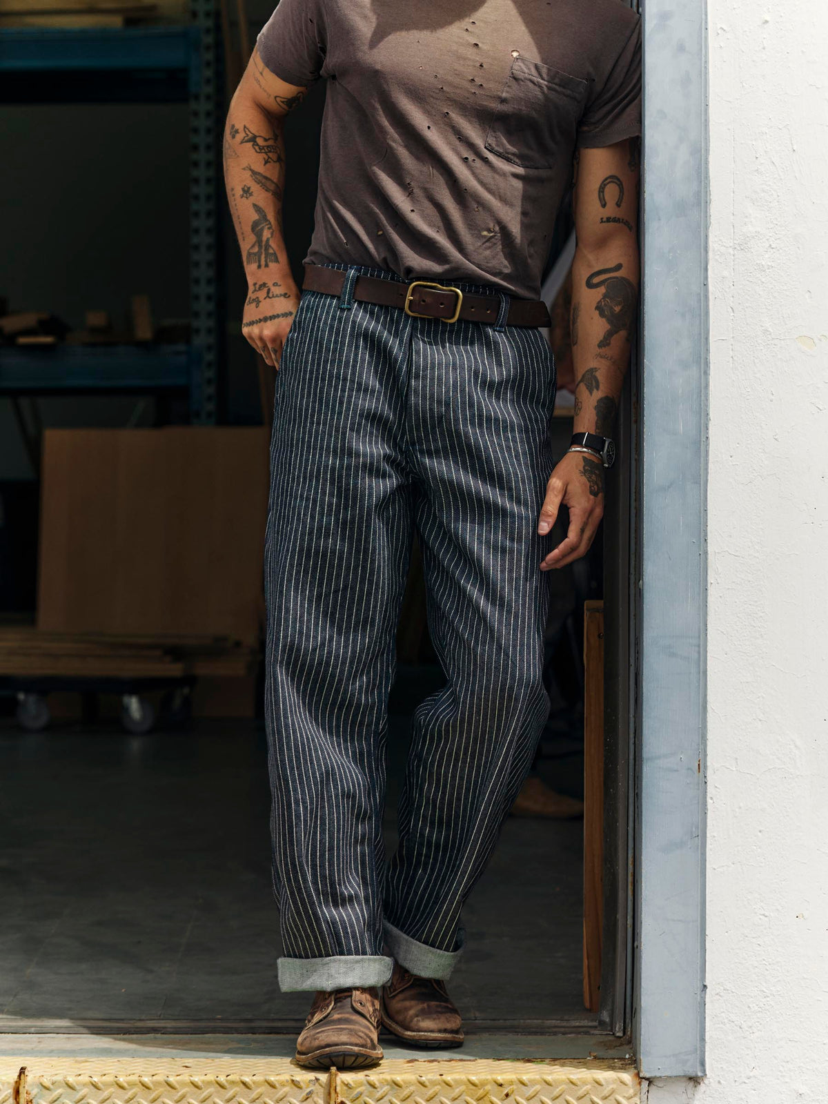 carpenter pant in striped rigid indigo