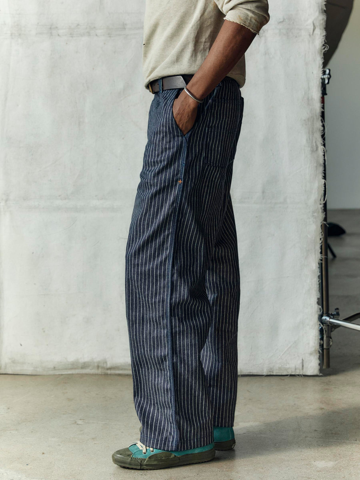 carpenter pant in striped rigid indigo