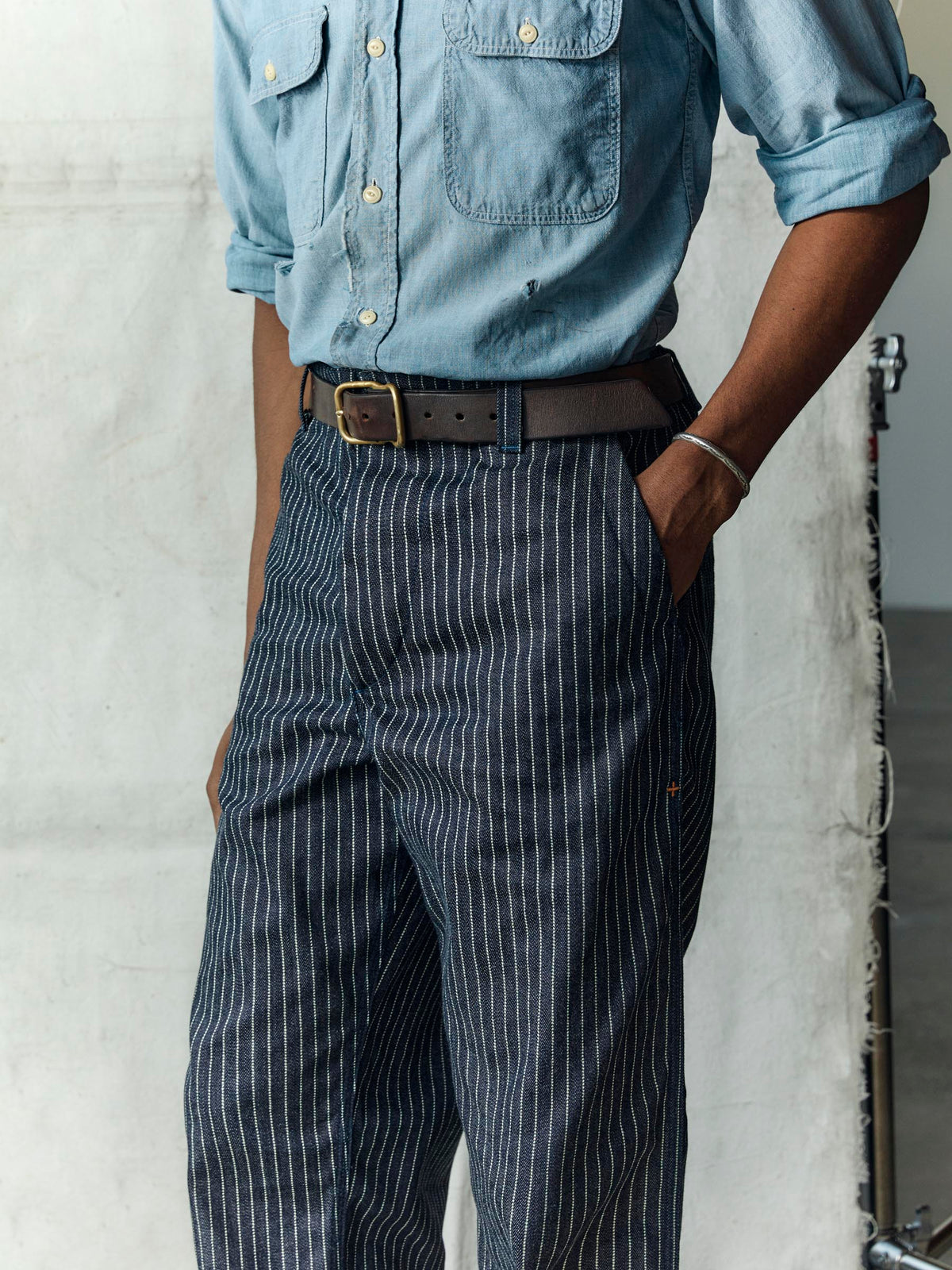 carpenter pant in striped rigid indigo