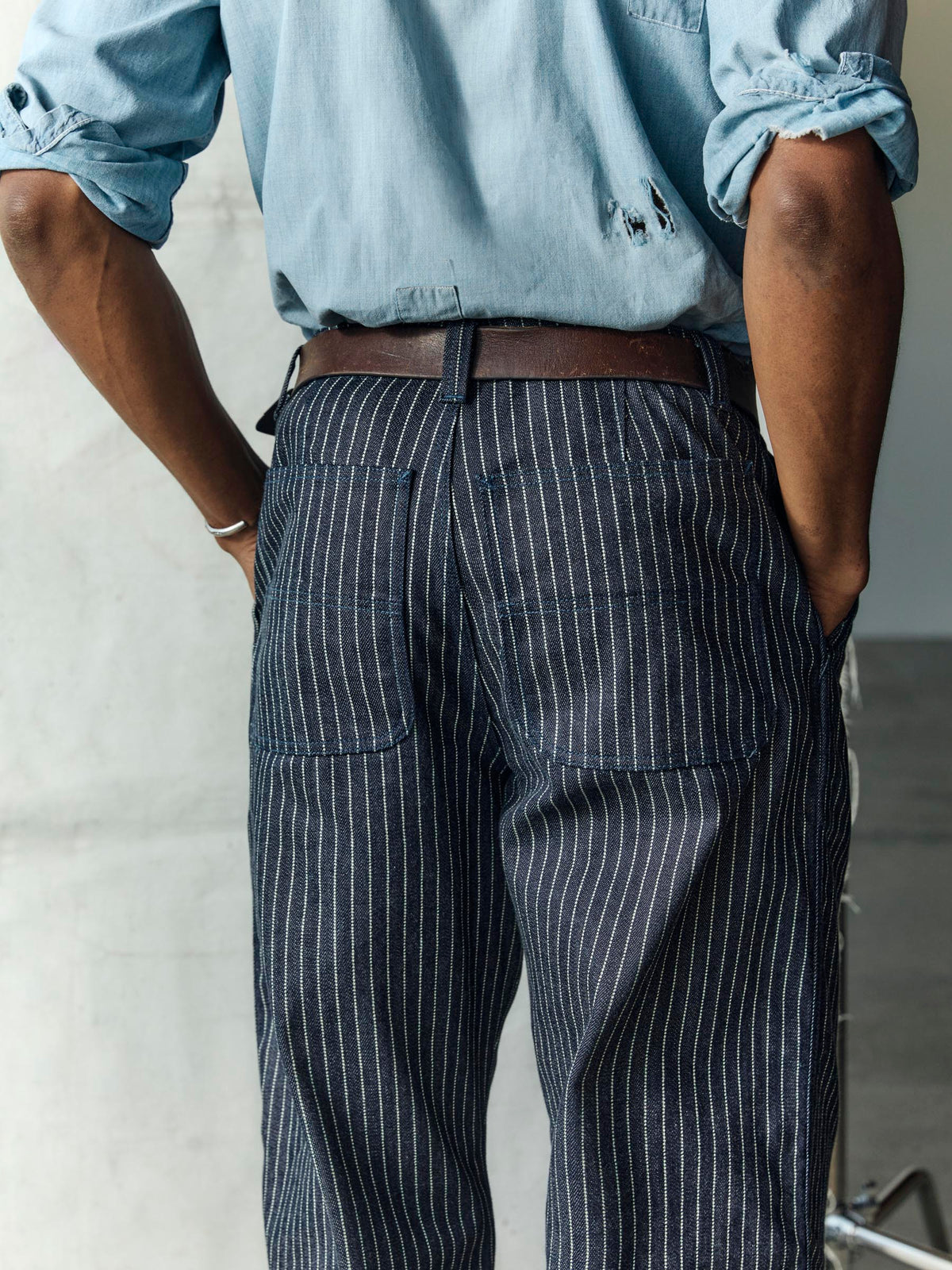 carpenter pant in striped rigid indigo