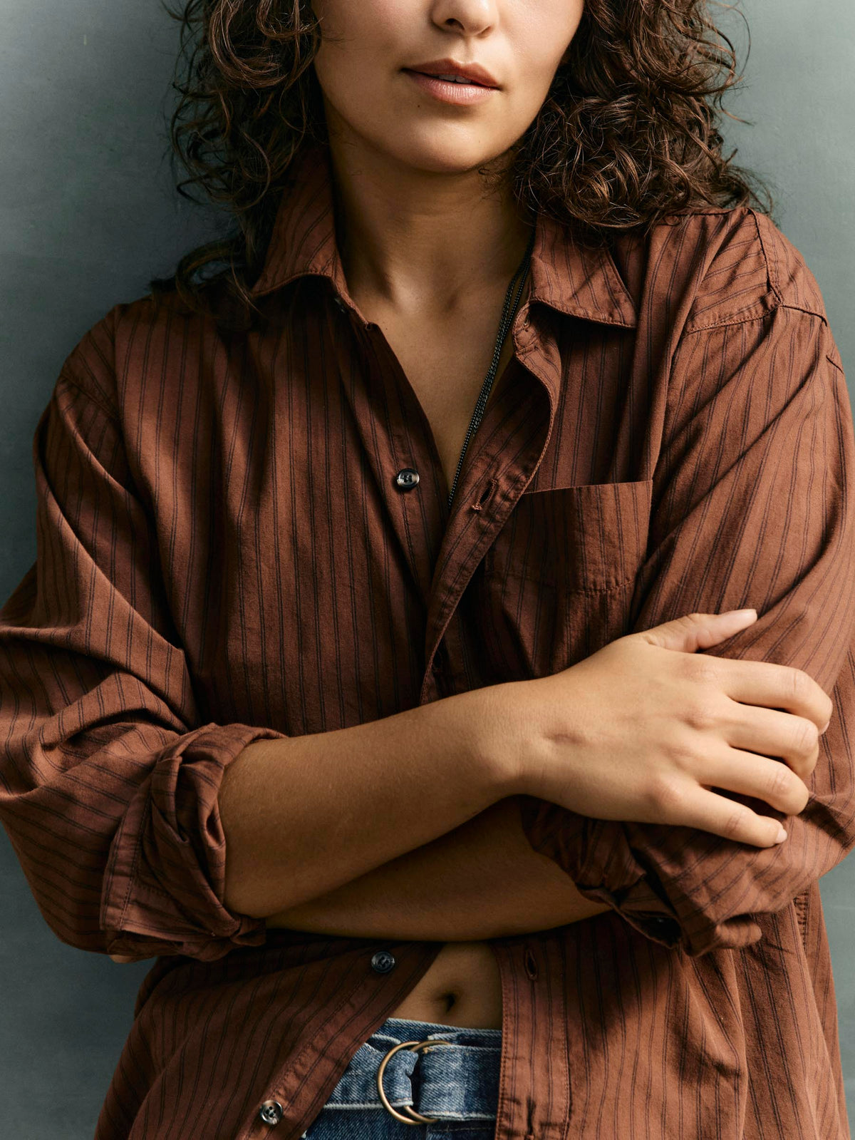 clyde brown striped cotton button up