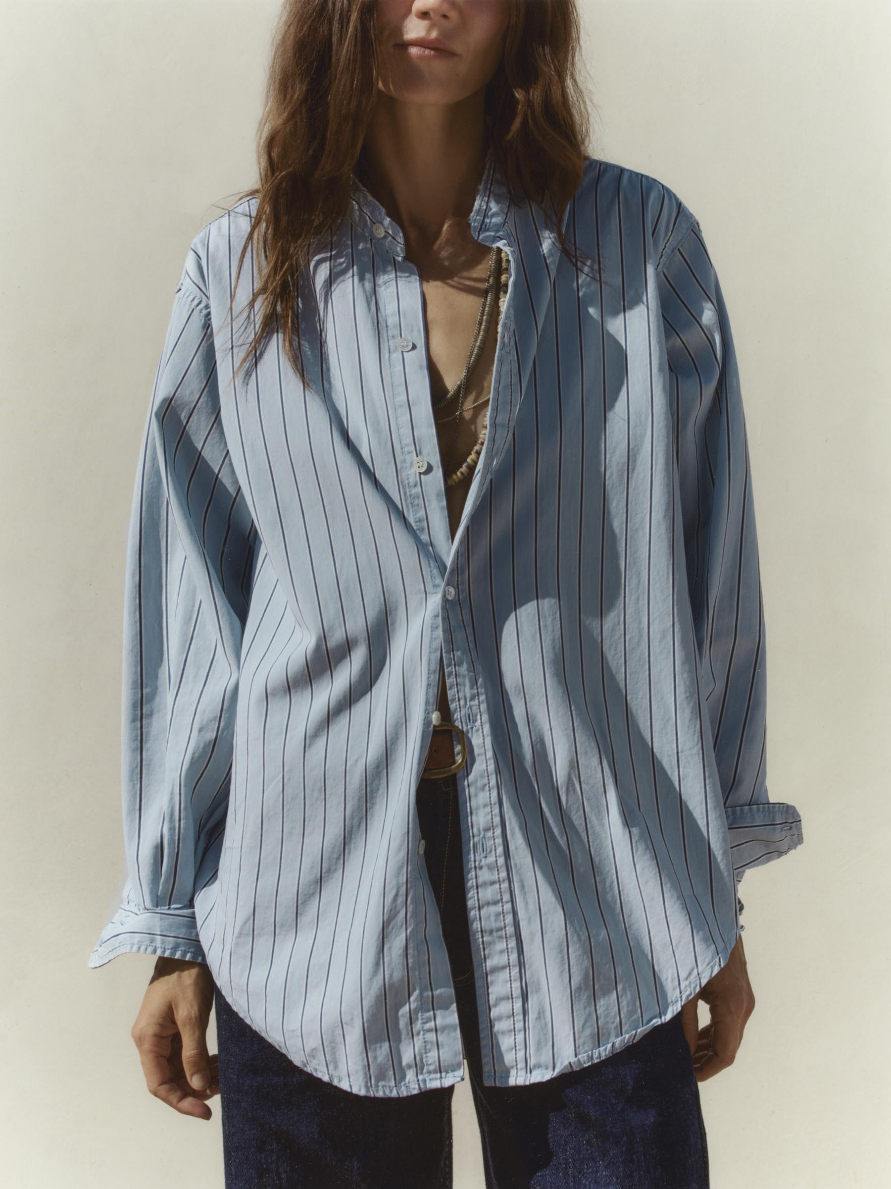 Gray cut collar button down in blue stripe