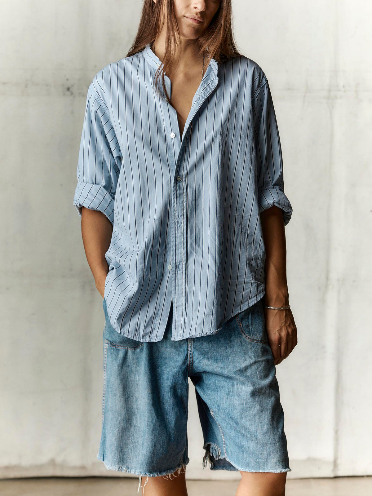 cut collar button down in blue stripe