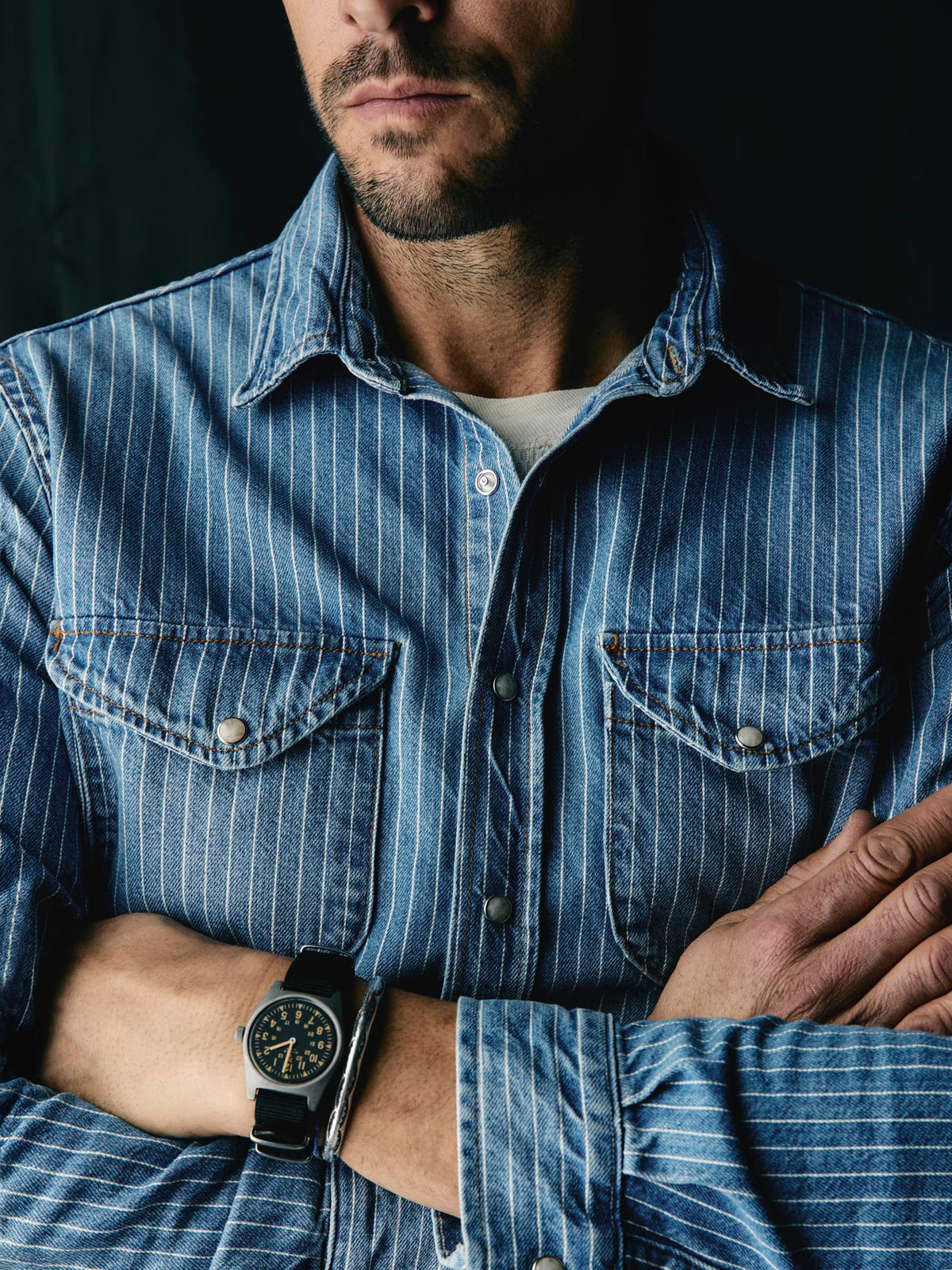 hayes indigo stripe pearl snap