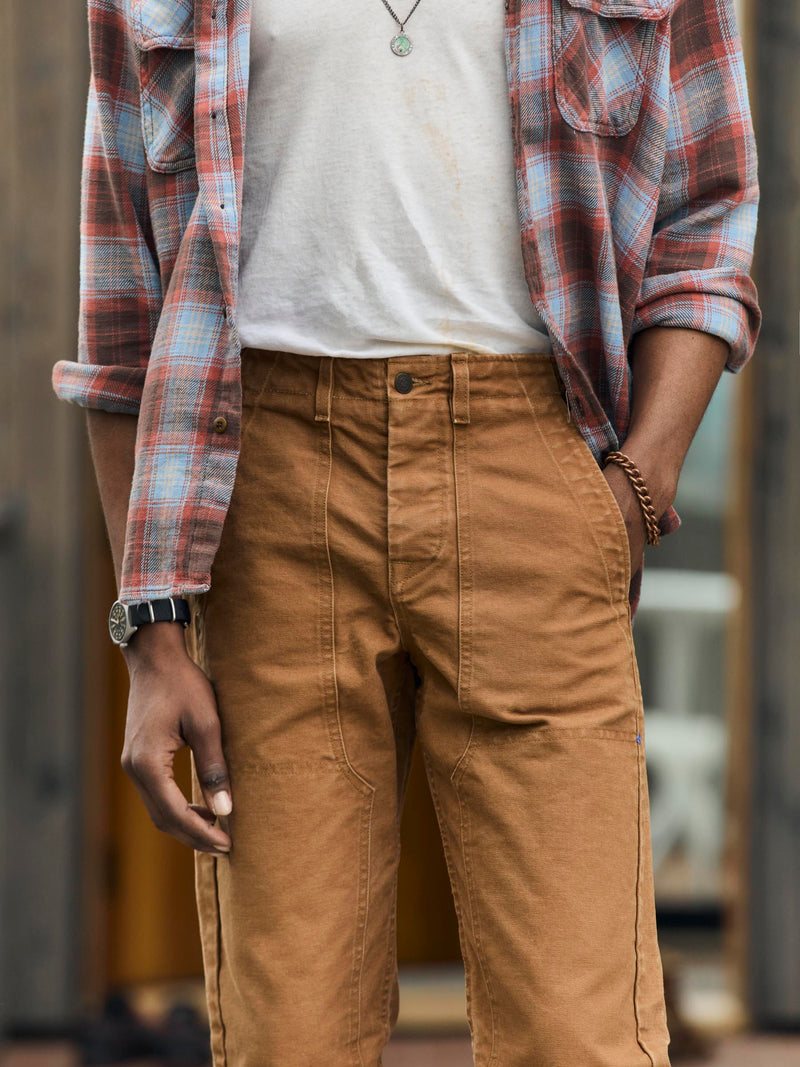 hencye washed canvas workpant in brown - Model