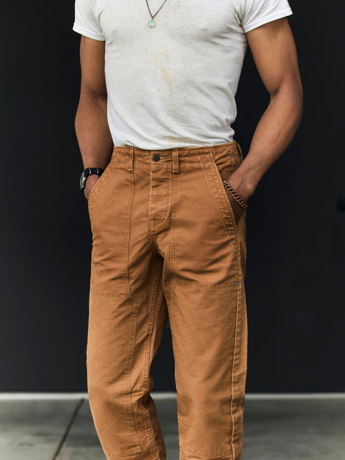 hencye washed canvas workpant in brown