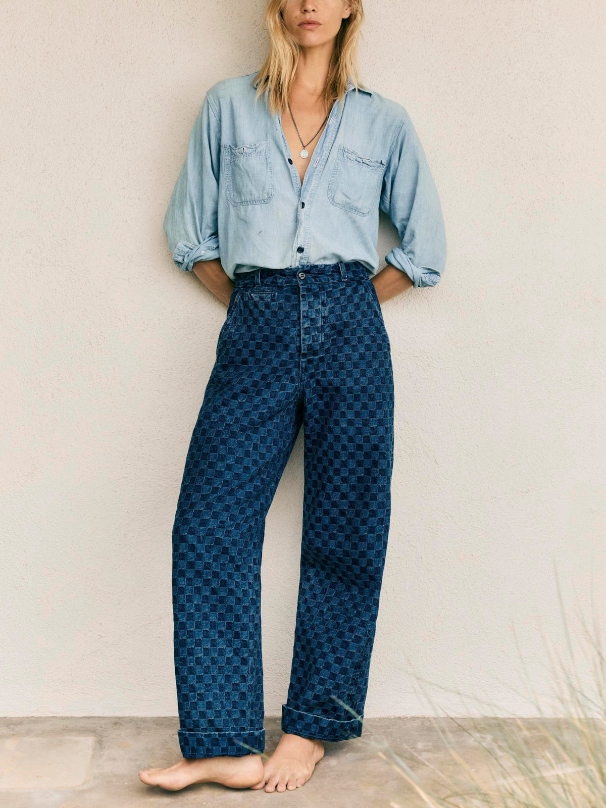 logan washed indigo check