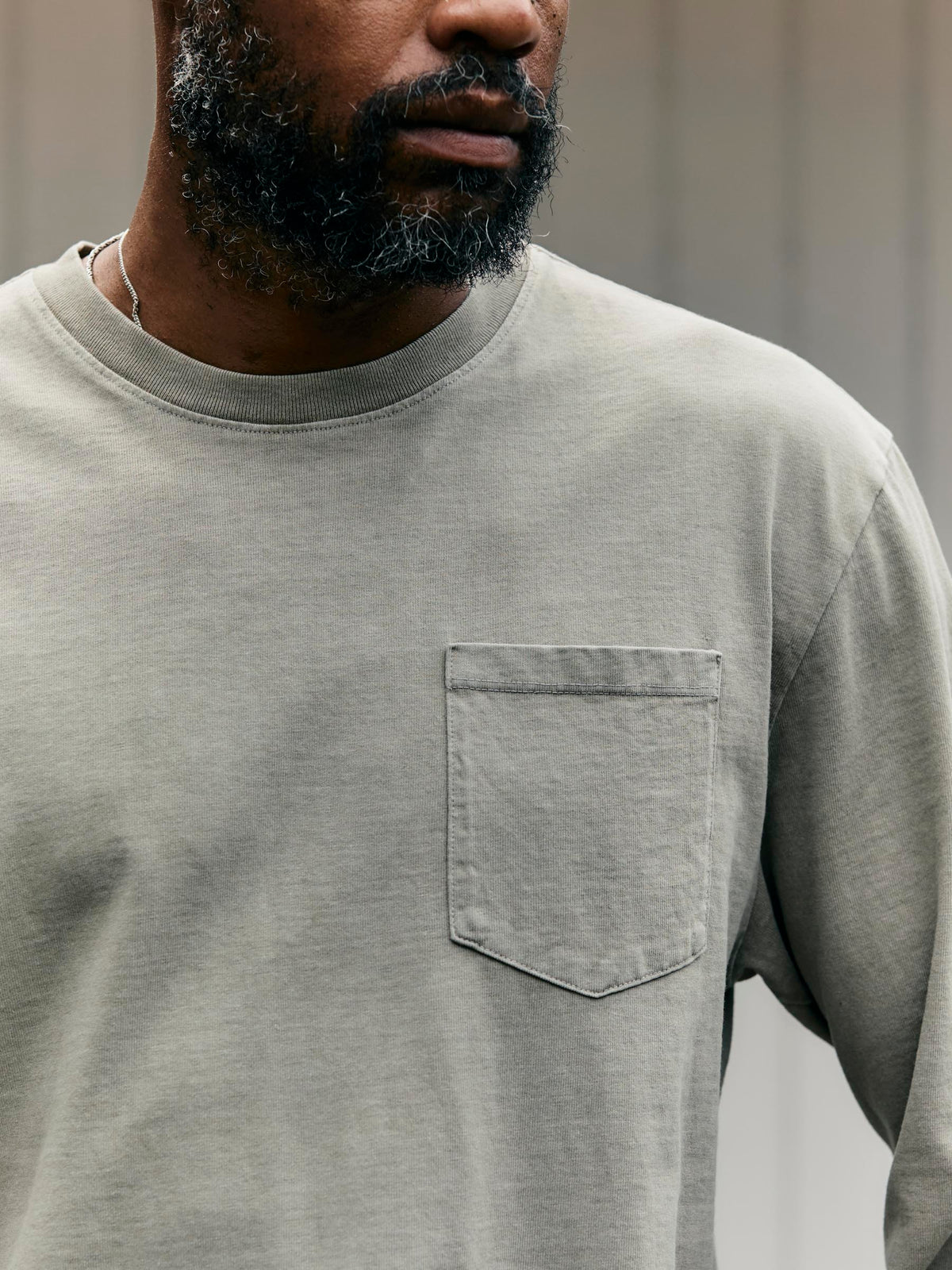 long sleeve pocket tee in stone