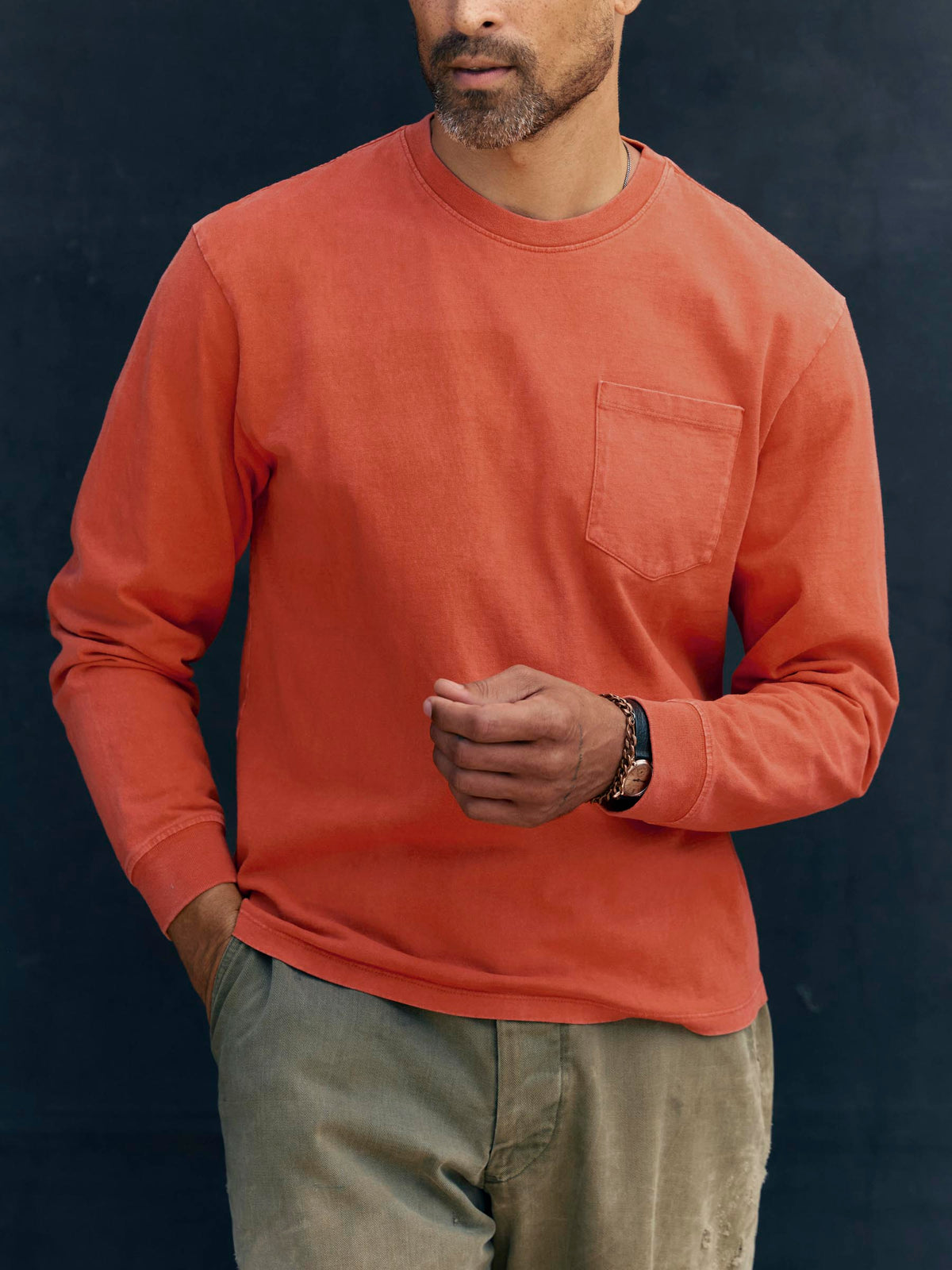 long sleeve pocket tee in faded orange