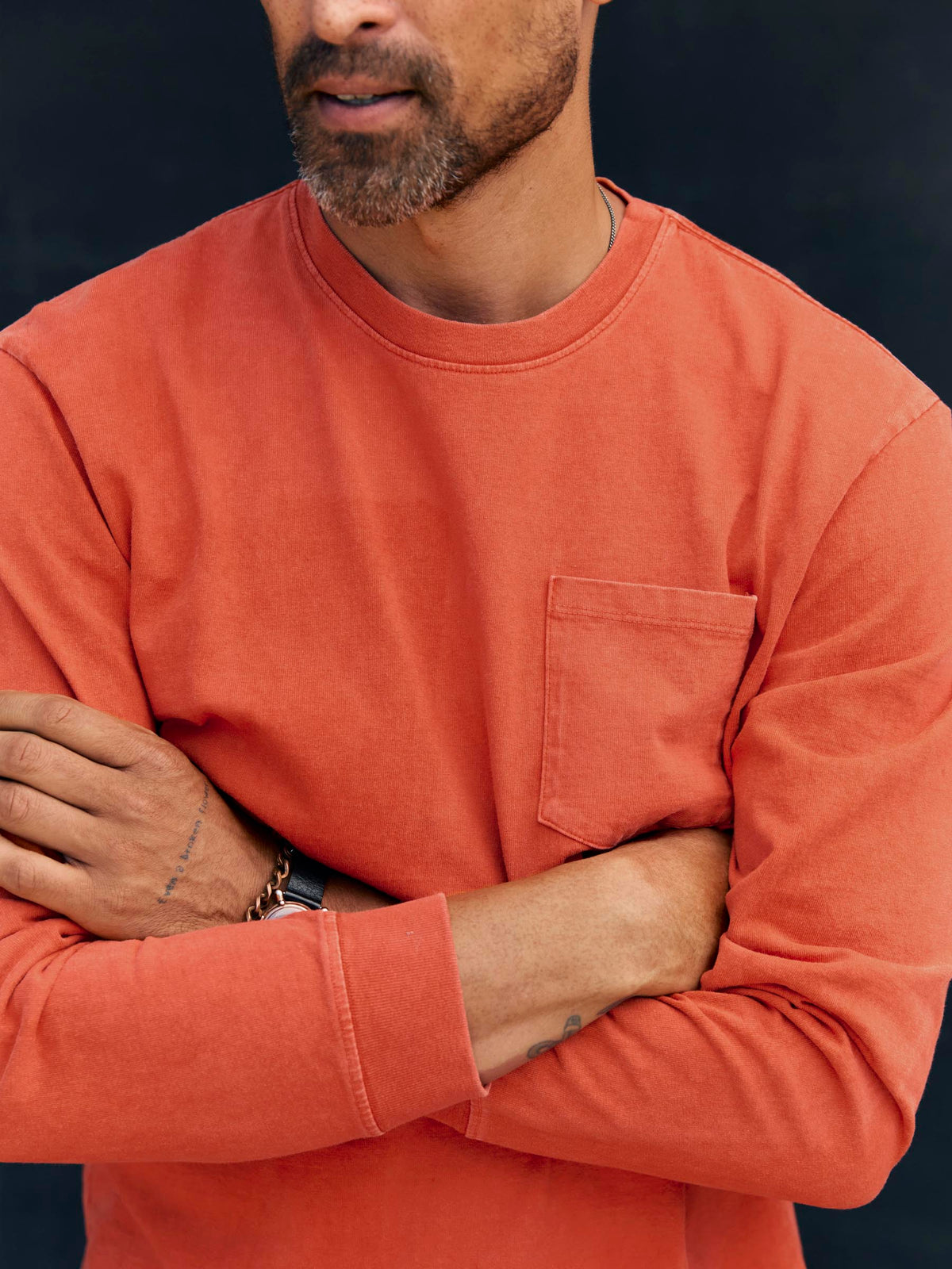 long sleeve pocket tee in faded orange