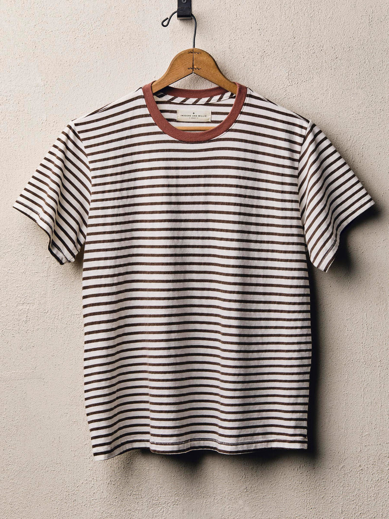 novel knit crew in brown stripe - Model