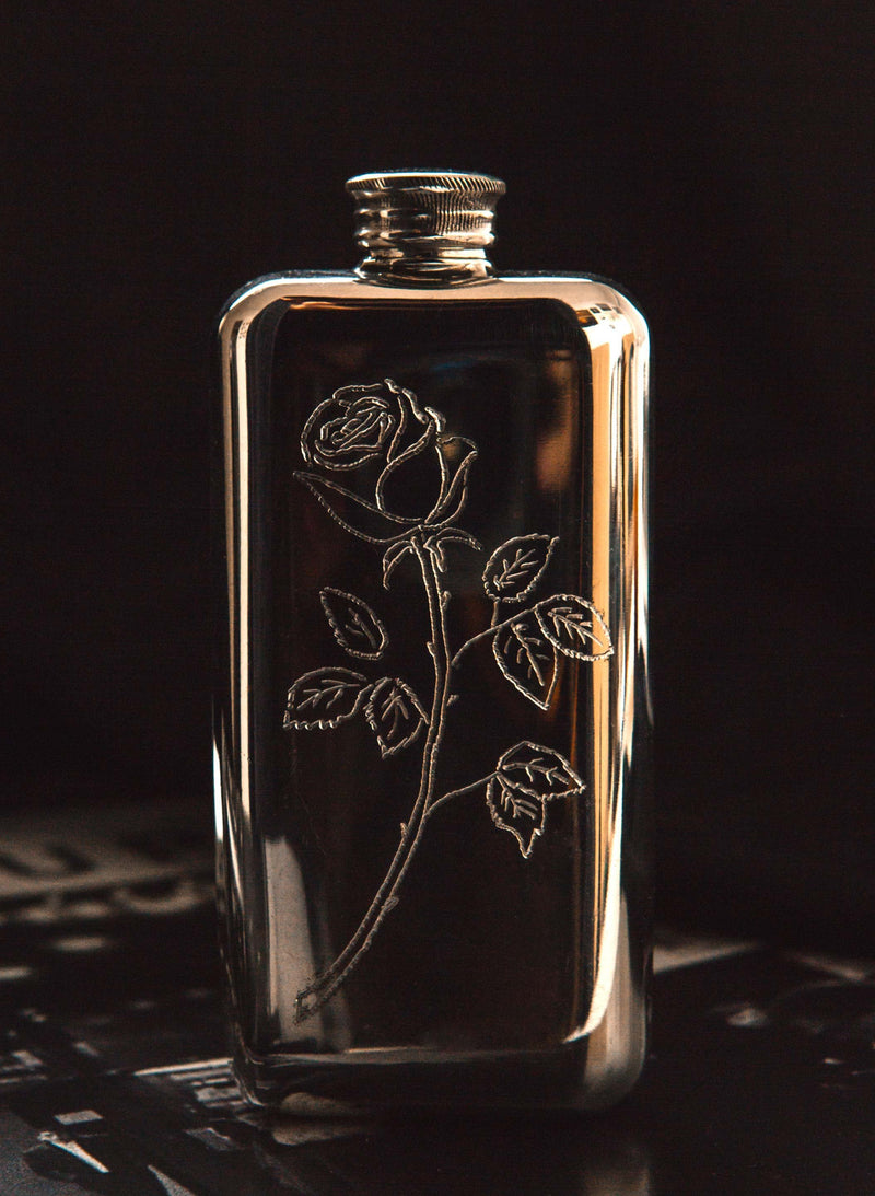 hand engraved "smell the roses" flask
