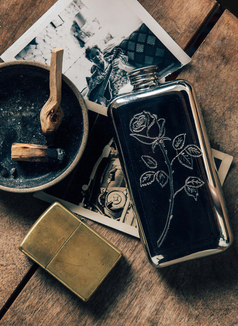 hand engraved "smell the roses" flask - Model